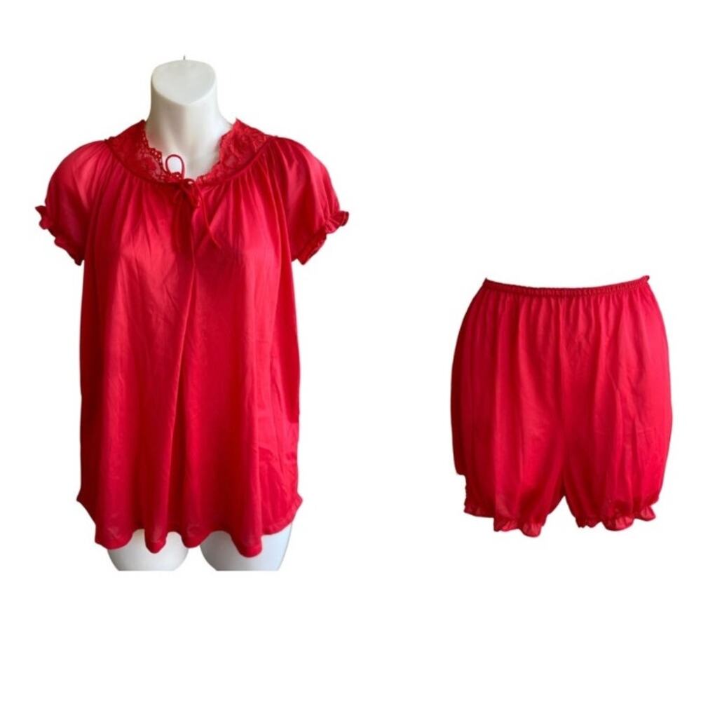 Vintage 70s Gilead Red Nylon Babydoll Pajama Set Ruffle Bloomer Shorts Small